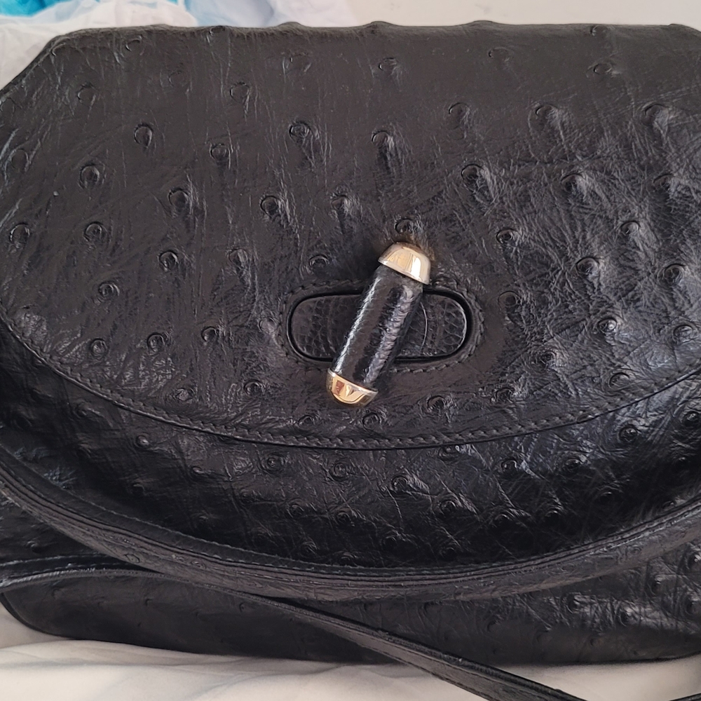Gucci Black Vintage Rare Ostrich 2 Way Bamboo Bag